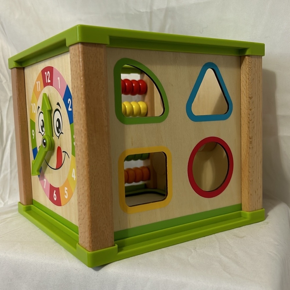 Toddler Learning Cube Toy Wooden Gears Abacus Clock Shape Montessori 7 in x 7 in - Picture 3 of 10